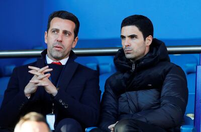 Soccer Football - Premier League - Everton v Arsenal - Goodison Park, Liverpool, Britain - December 21, 2019  New Arsenal manager Mikel Arteta and technical director Edu inside the stadium before the match   REUTERS/Phil Noble  EDITORIAL USE ONLY. No use with unauthorized audio, video, data, fixture lists, club/league logos or "live" services. Online in-match use limited to 75 images, no video emulation. No use in betting, games or single club/league/player publications.  Please contact your account representative for further details.