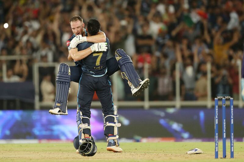 David Miller and Shubman Gill celebrate the IPL 2022 final win. Sportzpics for IPL