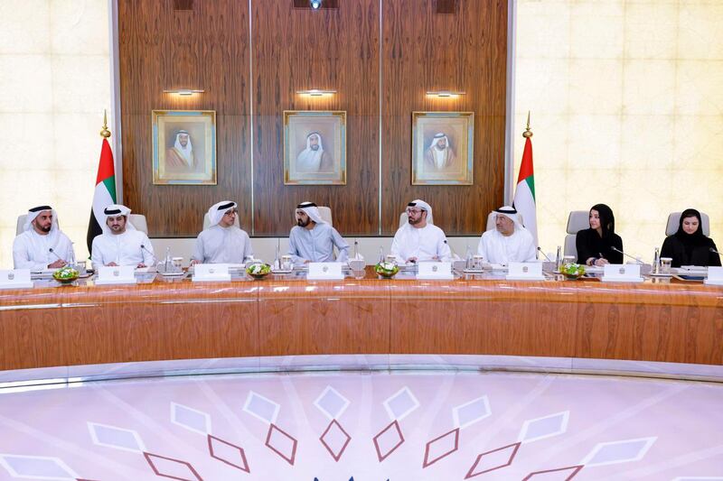 Sheikh Mohammed with Sheikh Mansour bin Zayed, Vice President, Deputy Prime Minister and Chairman of the Presidential Court, Sheikh Saif bin Zayed, Deputy Prime Minister and Minister of Interior, and Sheikh Maktoum bin Mohammed, Deputy Prime Minister, Minister of Finance and First Deputy Ruler of Dubai, and Mohammed Al Gergawi, Minister of Cabinet Affairs