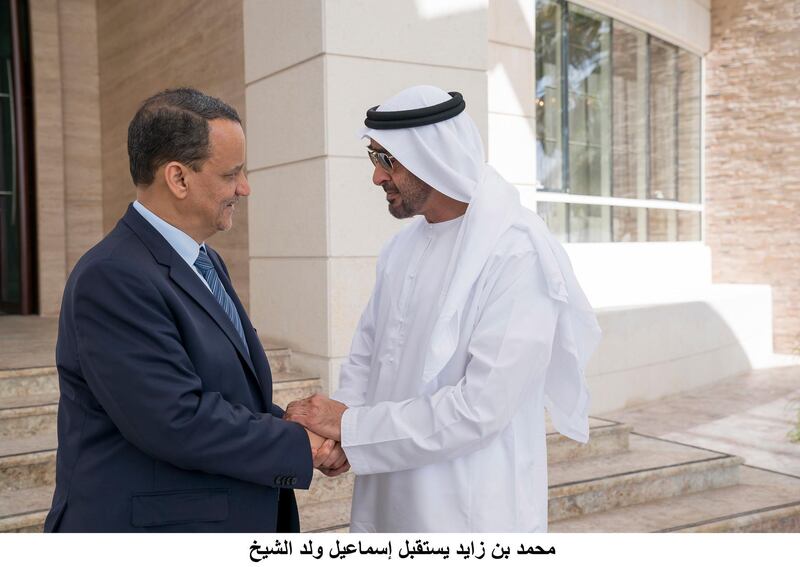 ABU DHABI, UNITED ARAB EMIRATES - February 13, 2018: HH Sheikh Mohamed bin Zayed Al Nahyan, Crown Prince of Abu Dhabi and Deputy Supreme Commander of the UAE Armed Forces (R), receives Ismail Ould Cheikh Ahmed, the United Nation Special Envoy for Yemen (L), at Al Shati Palace.
( Mohamed Al Hammadi / Crown Prince Court - Abu Dhabi )
---