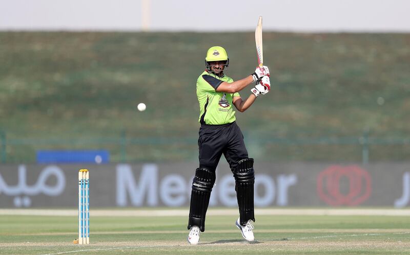 ABU DHABI , UNITED ARAB EMIRATES, October 05, 2018 :- Sohail Akhtar of Lahore Qalanders playing a shot during the Abu Dhabi T20 cricket match between Lahore Qalanders vs Hobart Hurricanes held at Zayed Cricket Stadium in Abu Dhabi. ( Pawan Singh / The National )  For Sports. Story by Amith