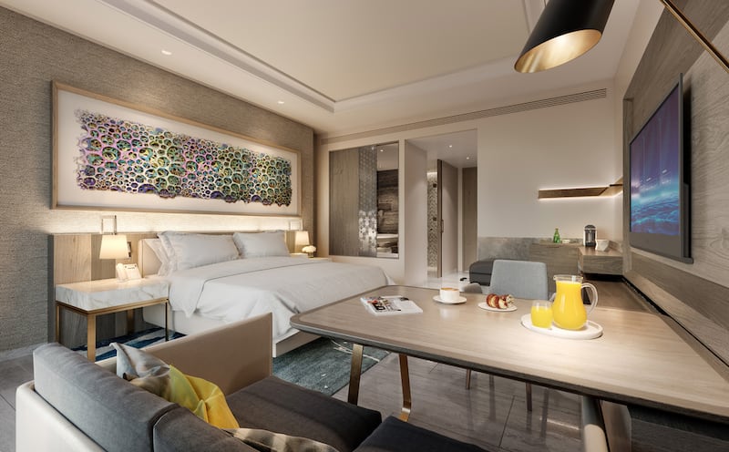 A rendering of a room at the Hilton Family Resort and Beach Club. The Hilton will be one of two hotels located in Yas Bay, one of three districts that will make up the new development.Courtesy Miral