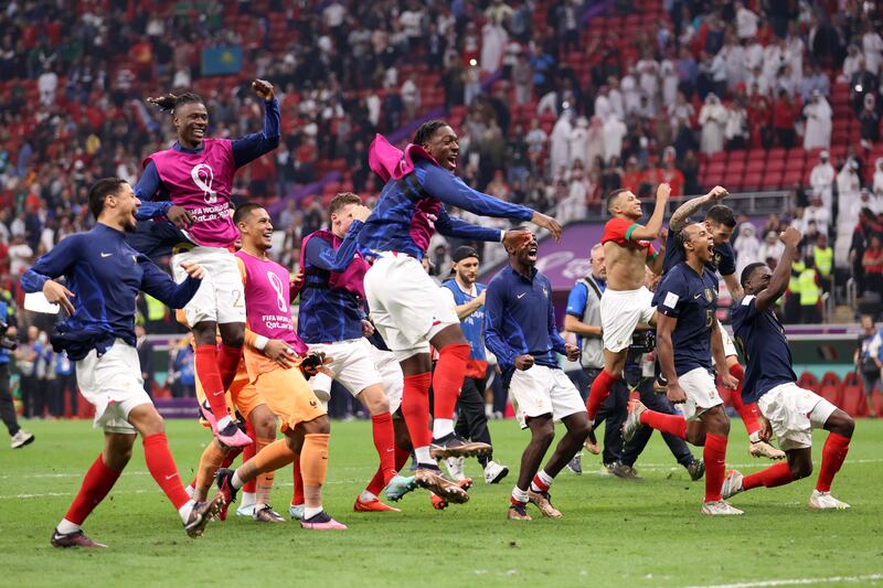 France players celebrate their victory over Morocco in the World Cup semi-final at Al Bayt Stadium. Getty