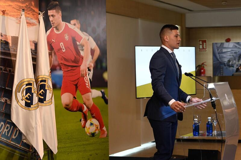 Luka Jovic gives a speech at the Santiago Bernabeu during his presentation as a Real Madrid player. AFP