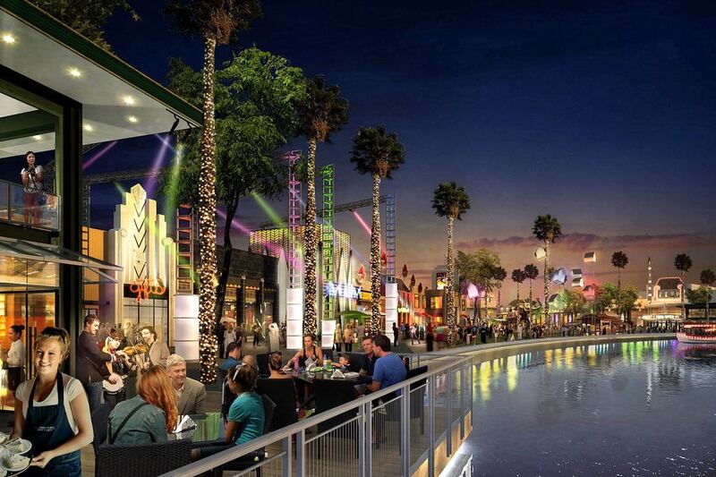 The kilometre-long canal in the desert plied by water taxis is set to be the star attraction of an entrance plaza that will connect the three theme parks. Above, a rendering of Riverpark. Courtesy Dubai Parks and Resorts