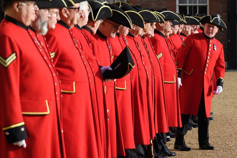 The Chelsea Pensioners, prepare to take part in a photograph to commemorate 100 years since the end of the First World War, at Royal Hospital Chelsea in London. Getty Images
