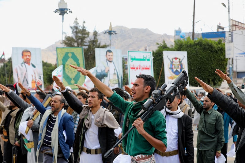 Men swear allegiance to the Houthi movement during a parade in Sanaa, Yemen, in February. Reuters