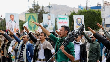 Men swear allegiance to the Houthi movement during a parade in Sanaa, Yemen, in February. Reuters