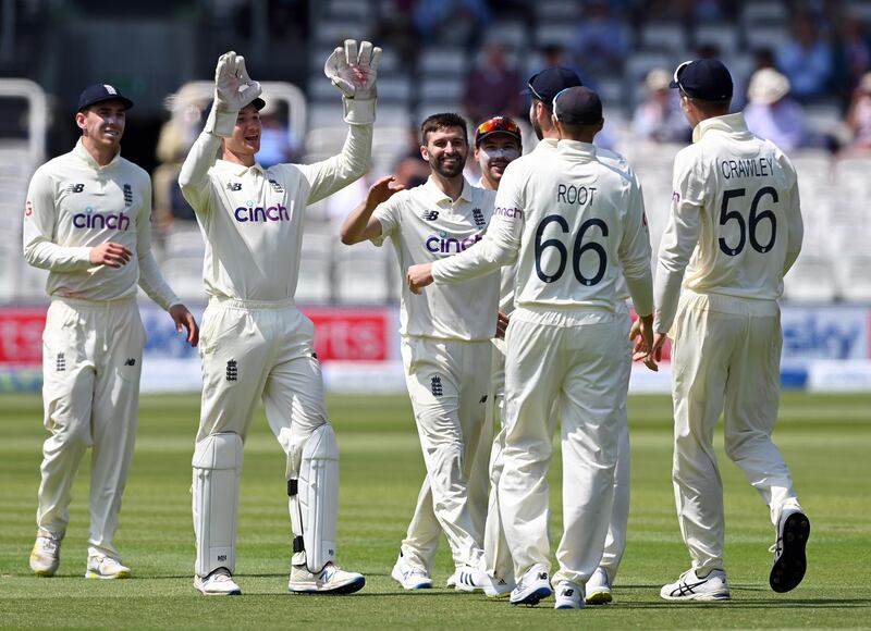 Mark Wood celebrates taking the wicket of BJ Watling for one. Getty