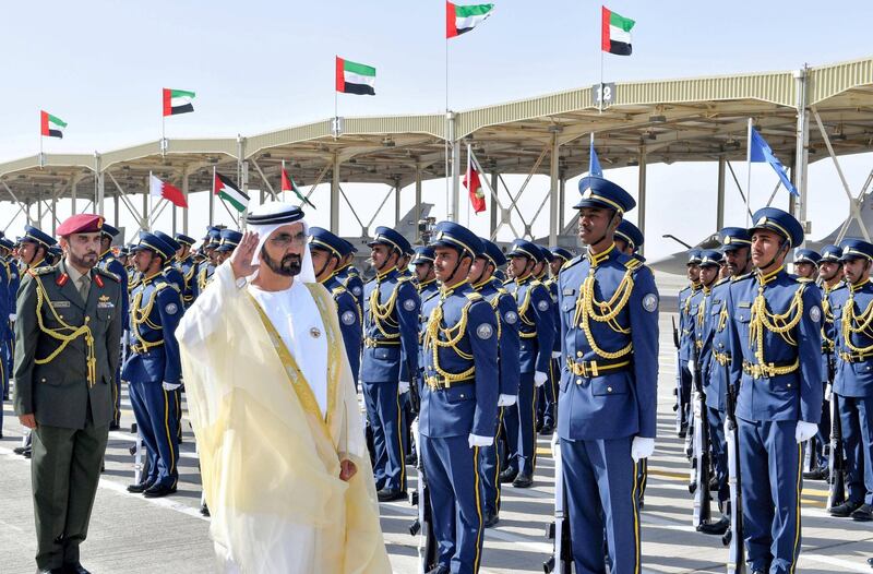 Sheikh Mohammed bin Rashid, Vice President, Ruler of Dubai and Minister of Defence, inspects and salutes the graduating cadets. Wam