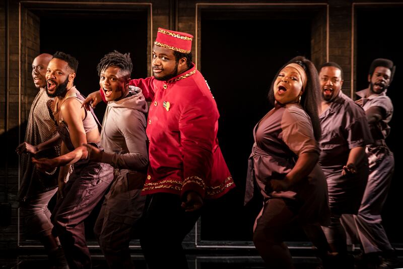 From left: James Jackson Jr, Jason Veasey, Michael Lyles, Jaquel Spivey, L Morgan Lee, Andrew Morrison and Antwayn Hopper during a performance of 'A Strange Loop' in New York.  AP