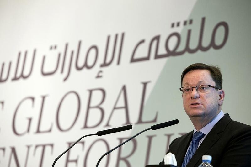 Alex Thursby, the chief executive of National Bank of Abu Dhabi, during his presentation at the 6th Annual Global UAE Investment Forum sponsored. Silvia Razgova / The National