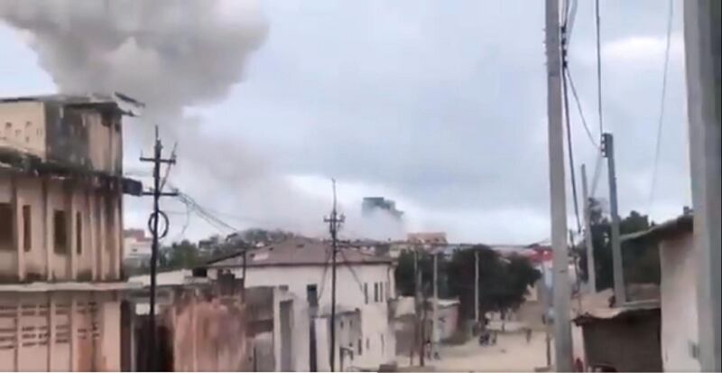 Smoke rises from an explosion at the Hotel Elite at Lido beach in Mogadishu, Somalia on August 16, 2020. Twitter / @Somaliweyn_