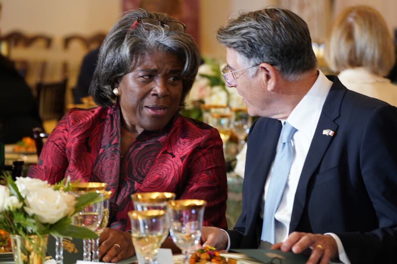 US ambassador to the UN Linda Thomas-Greenfield attends the luncheon for Mr Macron. EPA