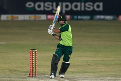 Pakistan's Khushdil Shah plays a shot during a Twenty20 match against Zimbabwe in Rawalpindi on November 7, 2020. AFP
