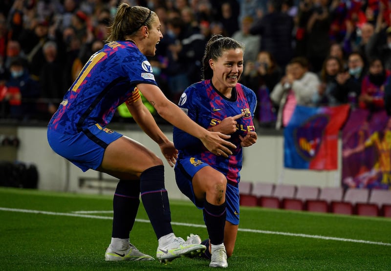 Barcelona's Claudia Pina celebrates after scoring the third goal. AFP