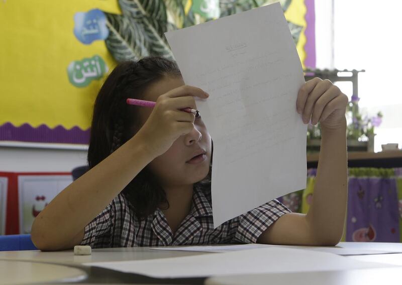 Tara Hussaini, 8, a Grade 4 pupil at Dubai British School, in her Arabic class. Jeffrey E Biteng / The National
