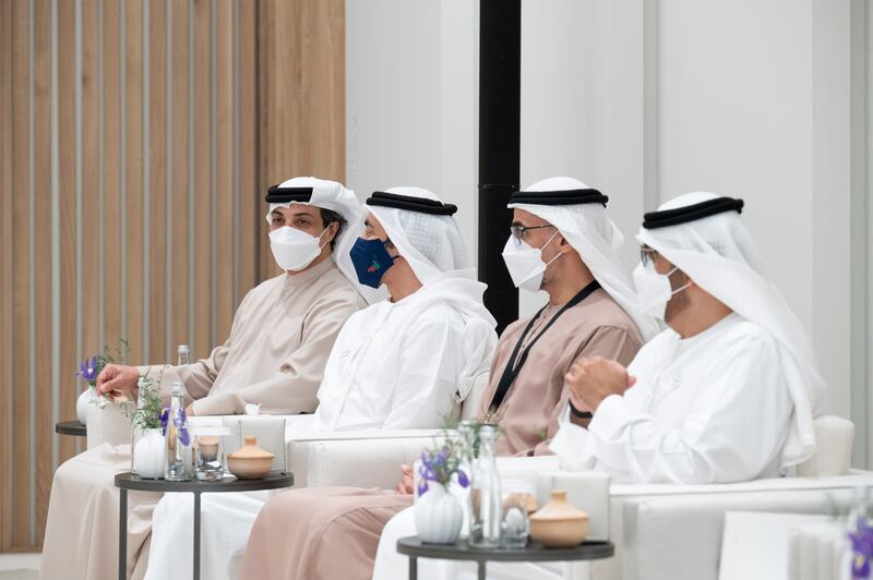 Sheikh Mansour bin Zayed, Deputy Prime Minister and Minister of Presidential Affairs, Sheikh Abdullah bin Zayed, Sheikh Khaled bin Mohamed and Dr Sultan Ahmed Al Jaber, Minister of Industry and Advanced Technology and managing director and group chief executive of Adnoc, attend the MoU signing ceremony.  Photo: Ministry of Presidential Affairs