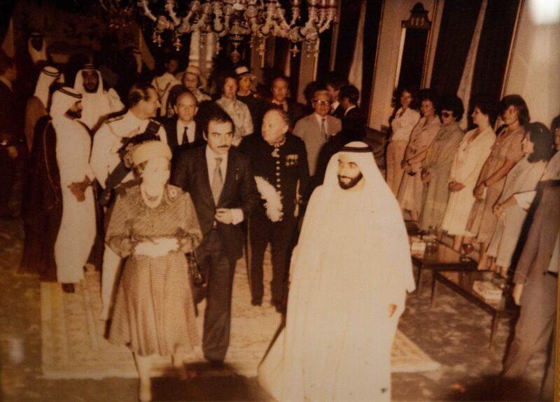 November 23, 2010, Abu Dhabi, UAE:
A photograph of a photograph showing Queen Elizabeth II with Sheikh Zayed during her visit to the UAE in 1979. 

The photo is courtesy of Zaki Anwar Nusseibeh, the Vice Chairman for the Abu Dhabi Authority for Cultural Affairs and the Advisor Ministry of Presidential Affairs. 

Lee Hoagland/ The National

