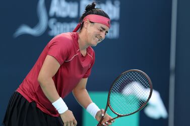 Ons Jabeur looks frustrated during her match against Beatriz Haddad Maia in the Mubadala Abu Dhabi Open singles quarter-final. Zayed Sports City, Abu Dhabi. Chris Whiteoak / The National