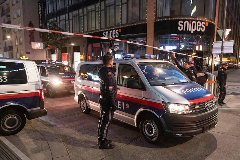 Austrian police gather after terrorist shootings in the first district of Vienna.  EPA