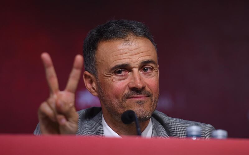 LAS ROZAS, SPAIN - NOVEMBER 27:  Luis Enrique gestures as he attends a press conference as he returns as Spain head coach at the Spanish Football Federation headquarters on November 27, 2019 in Las Rozas, Spain. (Photo by Denis Doyle/Getty Images)
