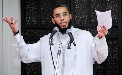 (FILES) In this file photo taken on November 20, 2015 Sunna Mosque's French Imam Rachid Abou Houdeyfa, also known as Imam Rachid El Jay, delivers a sermon in Brest, western France, after police carried out a search in the mosque overnight.  French investigators have ruled out any terror motive in a shooting incident that wounded an imam in the northwestern city of Brest, saying the gunman, who was found dead after an apparent suicide, was "unstable". The incident occurred in the afternoon of June 27, 2019 when a man opened fire outside a mosque in the city, injuring the local imam and another person. Imam Rachid El Jay was hit by four bullets while a worshipper with him sustained two bullet wounds, but neither had life-threatening injuries.  / AFP / Fred TANNEAU
