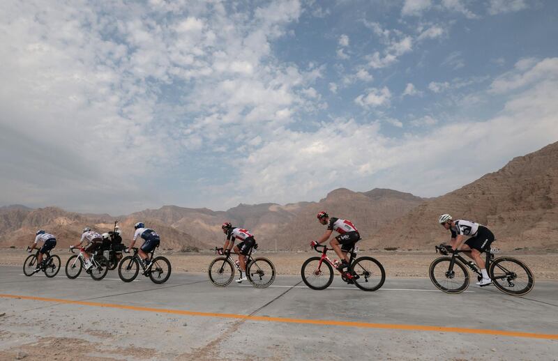 The pack rides during the fifth stage of the UAE Tour on Thursday. AFP