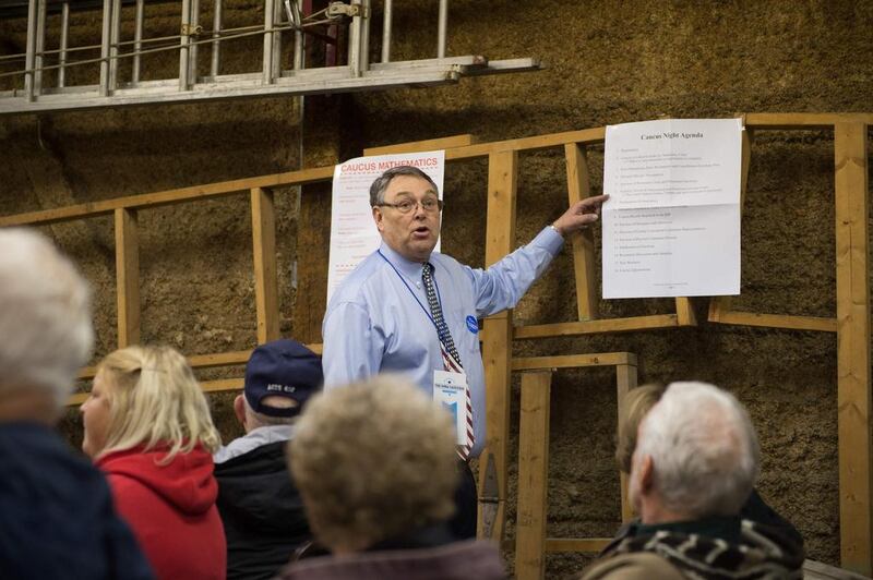 Mike Short, a caucus chairperson speaks to caucus attendees during a Democratic Party Caucus at Jackson Township Fire Station on February 1 in Keokuk, Iowa. Michael B Thomas / AFP