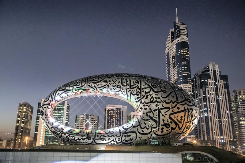 DUBAI UNITED ARAB EMIRATES. 01 DECEMBER 2020. Test of the light show to celebrate the 49th UAE National Day celebrations projected on the Museum of The Future. (Photo: Antonie Robertson/The National) Journalist: None. Section: National.
