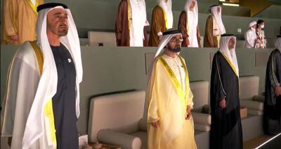 Sheikh Mohammed bin Rashid, Vice President and Ruler of Dubai, and Sheikh Mohamed bin Zayed, Crown Prince of Abu Dhabi and Deputy Supreme Commander of the Armed Forces, attend the event. Photo: Screengrab from video