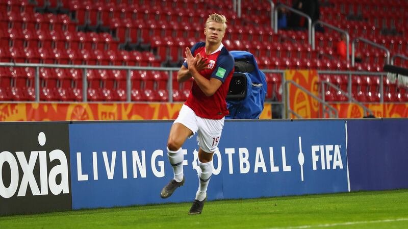 LODZ, POLAND - MAY 24: Erling Haland of Norway celebrates scoring but 
the goal was given off-side during the 2019 FIFA U-20 World Cup group C match between Uruguay and Norway at Lodz Stadium on May 24, 2019 in Lodz, Poland. (Photo by Lars Baron - FIFA/FIFA via Getty Images)