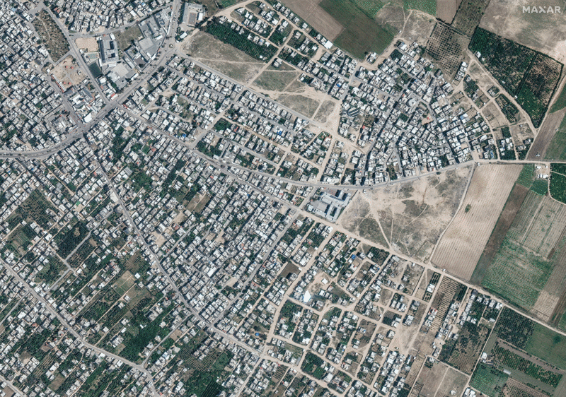 Satellite view shows the Palestinian city of Beit Hanoun in May and October 2023. Reuters