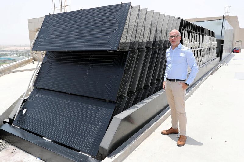 ABU DHABI , UNITED ARAB EMIRATES , MAY 28 – 2018 :- Hugo Domingues explaining about the Thermos Dynamic Solar panels which are installed on the roof top of Radisson Hotel at Yas Island in Abu Dhabi.  ( Pawan Singh / The National )  For News. Story by Nick Webster 