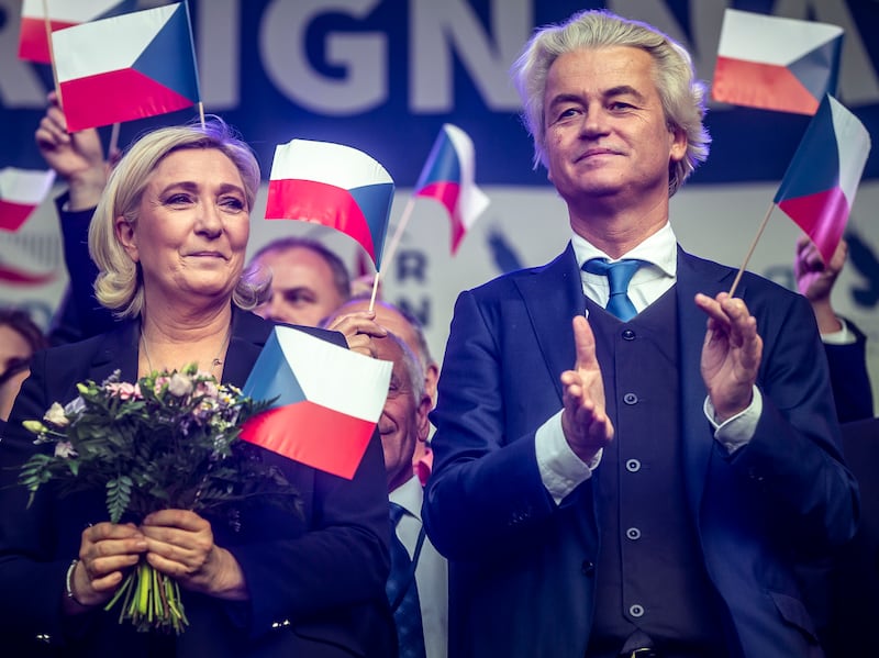  Leader of France's National Rally party Marine Le Pen and Mr Wilders during a meeting of populist far-right party leaders in Prague, Czech Republic, in 2019. Getty Images