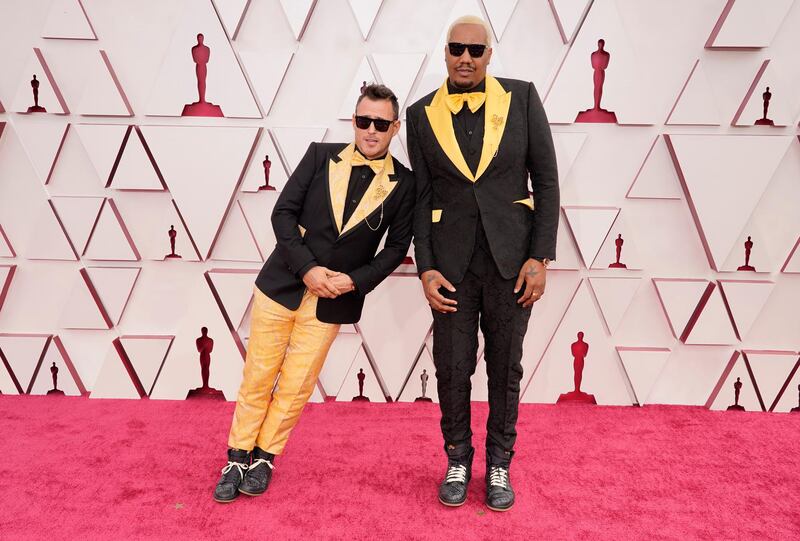 Martin Desmond Roe, left, and Travon Free arrive at the 93rd Academy Awards at Union Station in Los Angeles, California, on April 25, 2021. AP