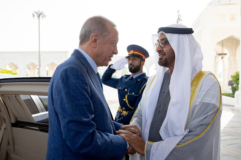 President Sheikh Mohamed welcomes Turkish President Recep Tayyip Erdogan during an official reception at Qasr Al Watan. Photo: UAE Presidential Court