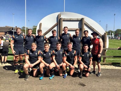 Haydn Palmer, top row left, who was raised in the Gulf, represented the Wales development sevens side at a tournament in England. Courtesy Haydn Palmer