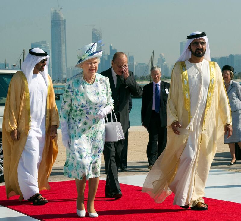 Queen Elizabeth II and Prince Philip, accompanied by President Sheikh Mohamed and Sheikh Mohammed bin Rashid, Vice President and Ruler of Dubai, during a visit to the UAE on November 25, 2010. AP