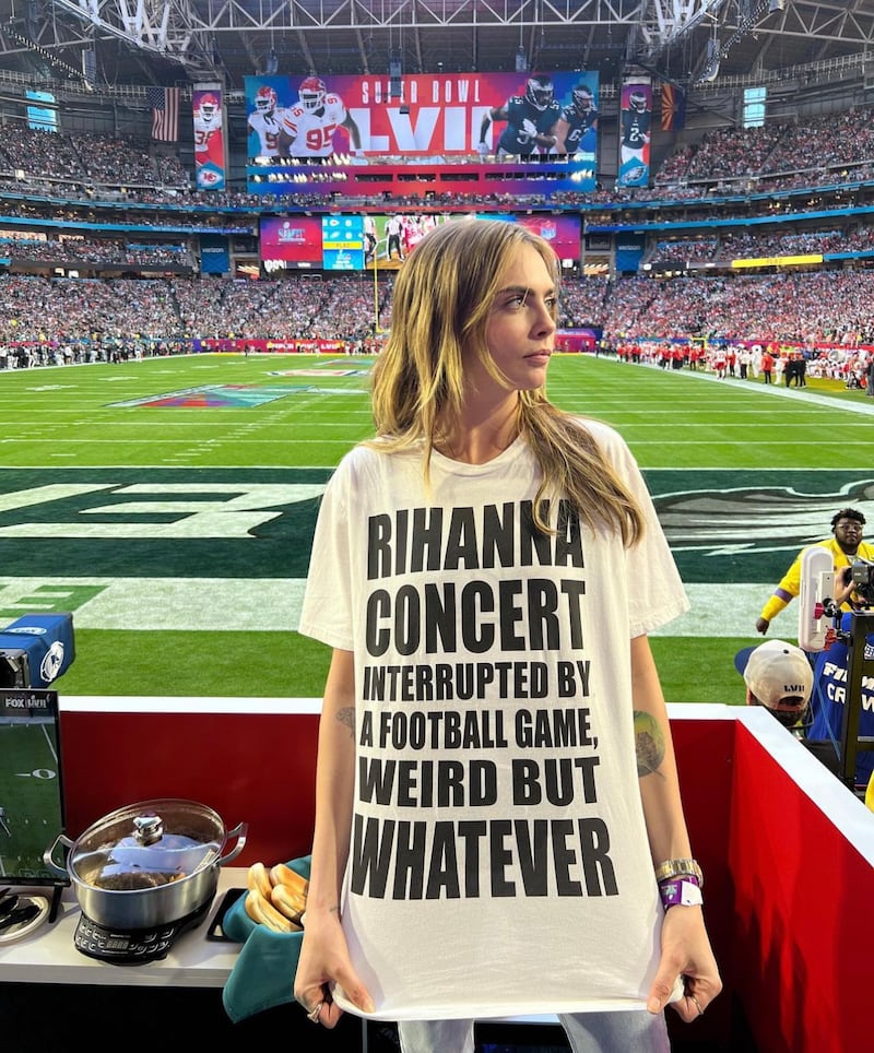 Actress and model Cara Delevingne with a cheeky T-shirt at the Super Bowl. Photo: Instagram / caradelevingne