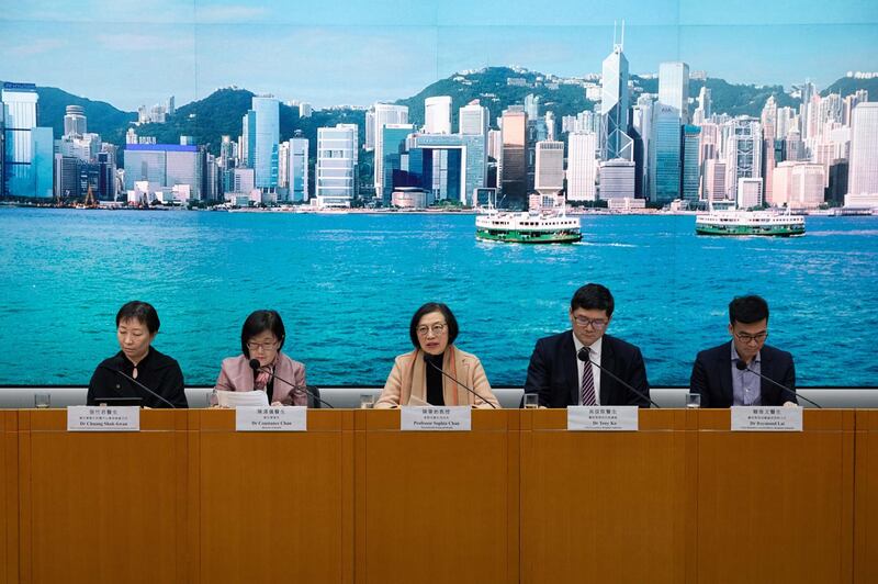 Head of Communicable Disease Branch, Centre for Health Protection, Chuang Shuk-kwan (L), Director of Health, Constance Chan (2L), Secretary for Food and Health, Sophia Chan (C), Chief Executive of Hospital Authority, Tony Ko (2R), and Chief Infection Control Officer, Hospital Authority (R), attend a press conference about the cluster of virus cases in Wuhan, China, in Hong Kong, China.  EPA