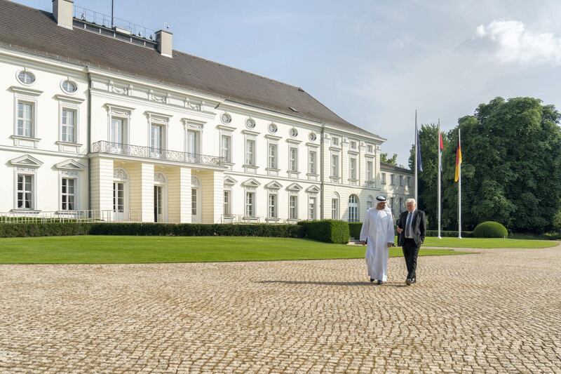 BERLIN, GERMANY - June 11, 2019: HH Sheikh Mohamed bin Zayed Al Nahyan, Crown Prince of Abu Dhabi and Deputy Supreme Commander of the UAE Armed Forces (L), speaks with HE Frank-Walter Steinmeier, President of Germany (R), prior a meeting at the Bellevue Palace.

( Rashed Al Mansoori / Ministry of Presidential Affairs )
---