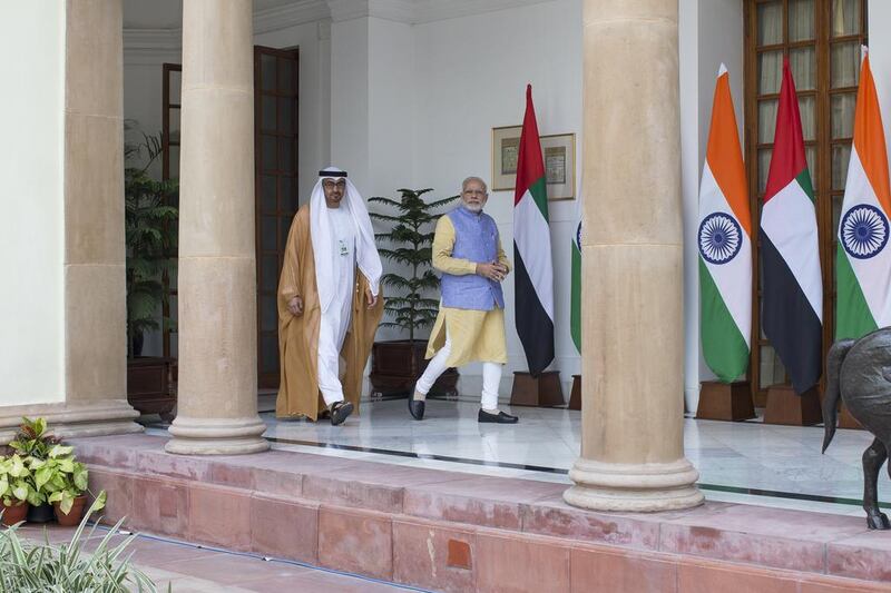 Sheikh Mohammed bin Zayed is received by Narendra Modi, prime minister of India, at Hyderabad House. Christopher Pike / Crown Prince Court - Abu Dhabi