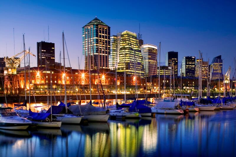 08 Dec 2006, Buenos Aires, Argentina --- Yachts moored in one of the four diques (dikes) that make up Puerto Madero, an area of refurbished brick warehouses and new development. --- Image by Â© Jon Hicks/Corbis *** Local Caption ***  bz05de-p8-Argentina-Main.jpg