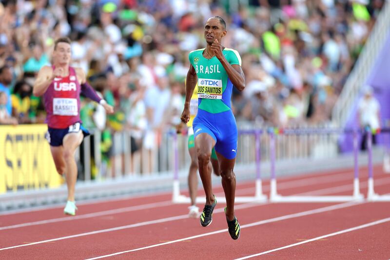 Alison dos Santos competes in the men's 400m hurdle final on day five of the World Athletics Championships. Getty