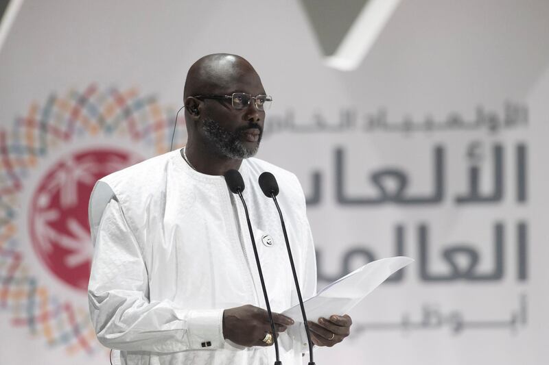 ABU DHABI, UNITED ARAB EMIRATES - March 21, 2019: HE George Weah, President of Liberia? (C), delivers a speech during the closing ceremony of the Special Olympics World Games Abu Dhabi 2019, at Zayed Sports City. 
( Ryan Carter for the Ministry of Presidential Affairs )
---