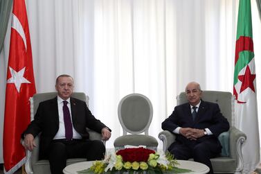 Turkish President Tayyip Erdogan meets with Algerian President Abdelmadjid Tebboune in Algiers, Algeria, January 26, 2020. Murat Cetinmuhurdar/Turkish Presidential Press Office/Handout via REUTERS