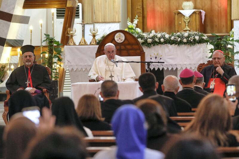 Pope Francis delivers his speech during a meeting with bishops and priests, at the Sayidat al-Nejat (Our Lady of Salvation) Cathedral, in Baghdad, Iraq, Friday, March 5, 2021. Pope Francis has arrived in Iraq to urge the country's dwindling number of Christians to stay put and help rebuild the country after years of war and persecution, brushing aside the coronavirus pandemic and security concerns. (AP Photo/Andrew Medichini)