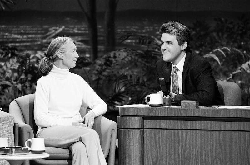 Goodall during an interview with Jay Leno on May 1, 1990. Getty Images