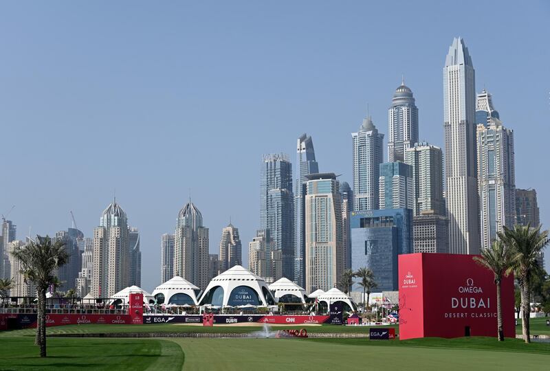 DUBAI, UNITED ARAB EMIRATES - JANUARY 26: A general view of the Emirates Golf Club and the Dubai skyline during a pro-am event prior to the Omega Dubai Desert Classic at Emirates Golf Club on January 26, 2021 in Dubai, United Arab Emirates. (Photo by Ross Kinnaird/Getty Images)